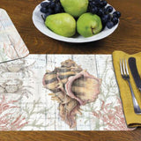 Highland Shoreline Shell Plastic Placemat on tabletop with fruit and silverware