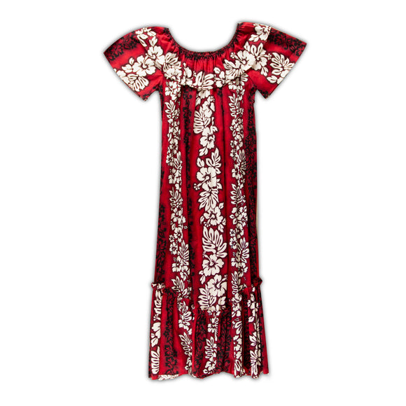 Ladies double ruffle ankle-length muumuu with hibiscus print.