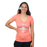 Ladies' Fit V-neck Hibiscus Shirt with Polynesian Cultural Center Logo- Cantaloupe Color