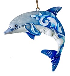 Kubla Crafts Enameled Metal "Dolphin with Shells" Holiday Ornament