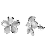 Sterling Silver Plumeria Earrings with a Cubic Zirconia Stone front and side views