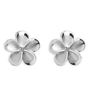 Sterling Silver Plumeria Earrings with a Cubic Zirconia Stone