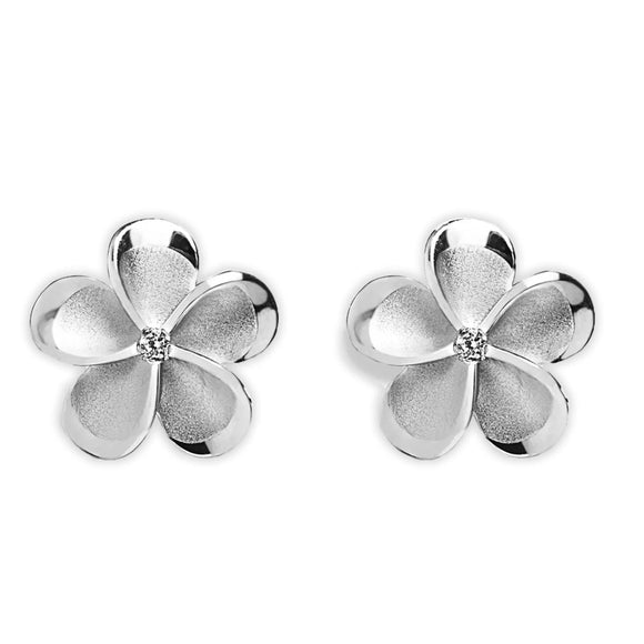 Sterling Silver Plumeria Earrings with a Cubic Zirconia Stone