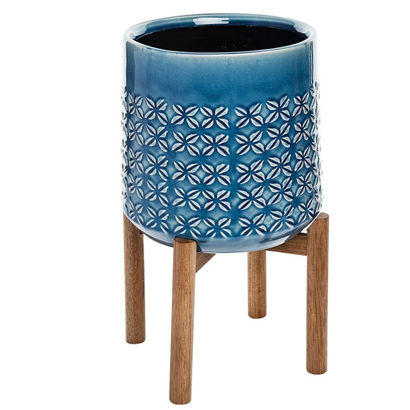 Beachcombers Textured Ceramic Planter with Wood Stand- Blue