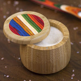 Totally Bamboo Baltique® Marrakesh Seasoning Bamboo Box with Swivel Lid filled with salt.