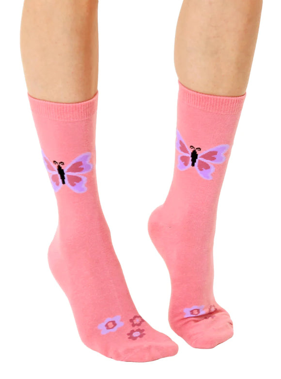 Model wearing Living Royal 3D Butterfly Crew Socks