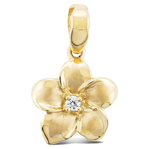 14K Gold Plumeria Small Pendant with Stone Center