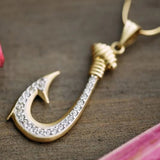 14k Gold Hawaiian Fish Hook Pendant with Diamond or Cubic Zirconia