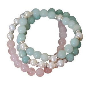 Soleil Hawaii "Innocence, Truth, Love" Amazonite Bracelet shown with Rose Bracelet.