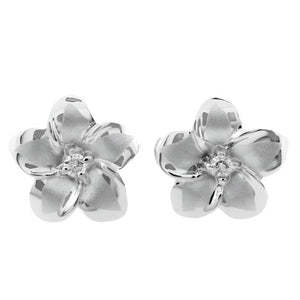 Sterling Silver Plumeria Earrings with Cubic Zirconia Center- 0.25"x 0.25"