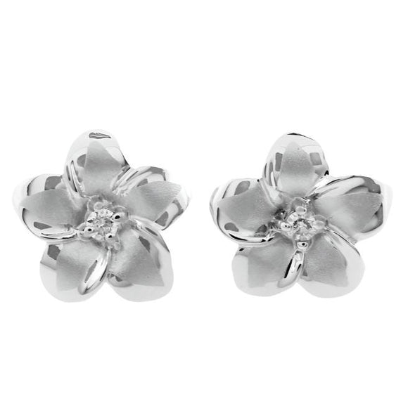 Sterling Silver Plumeria Earrings with Cubic Zirconia Center- 0.25